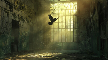 A single dove flying above a desolate prison casting a shadow of peace over the forgotten