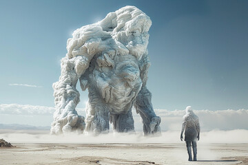 A towering golem crafted from crystalline salt standing guard over a desolate landscape - obrazy, fototapety, plakaty