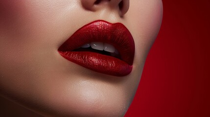 Close-up of a lovely young woman's lips on a crimson backdrop.