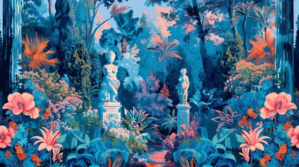 Tropical landscape poster design including luxurious statues, exotic trees, and flowers