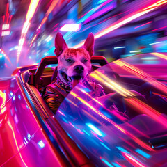 A neon soaked car chase in cyberpunk style dog co pilot by side