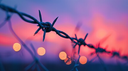 Barbed wire fence macro taken at dusk - obrazy, fototapety, plakaty