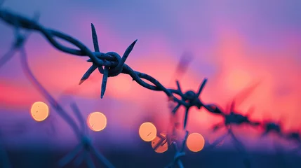 Foto op Plexiglas Barbed wire fence macro taken at dusk © Suleyman