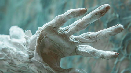 Close up on a golems hand made of salt reaching out to a human symbolizing a connection between elements and life
