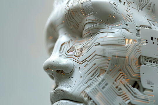 Close up on a digital brain in a computer head circuits and data streams flowing embodying the work of the future