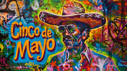 Colorful graffiti letters spelling Cinco de Mayo in a stylistic font against a red brick wall...