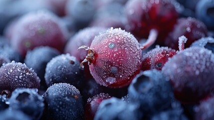 Blackcurrant, redcurrant, and blueberry in the macro view of frozen berries - obrazy, fototapety, plakaty