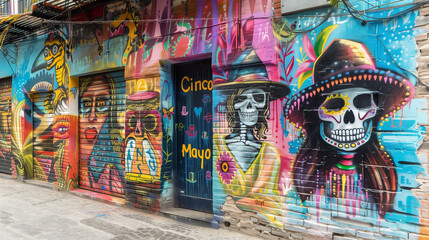 Colorful graffiti letters spelling Cinco de Mayo in a stylistic font against a red brick wall background