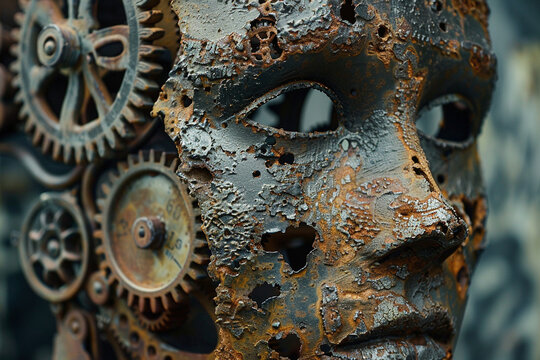 The rusted gears of a brain ticking away within a head a symbol of times impact on thought and memory
