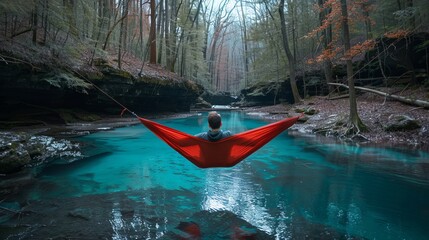 A man in a hammock relaxes above a stunning blue spring in upstate New York