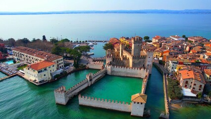 Scaliger Castle of Sirmione, Lake Garda - Italy - View of the imposing castle on the peninsula - obrazy, fototapety, plakaty