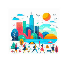 People walking in the city park. Vector illustration in flat style.