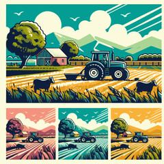Farm landscape with tractor and cows. Vector illustration in flat style.