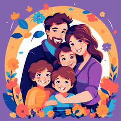 Happy family. Father, mother, son and daughter. Colorful vector illustration in cartoon style