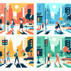 People walking in the city. Men and women cross the street. Vector illustration