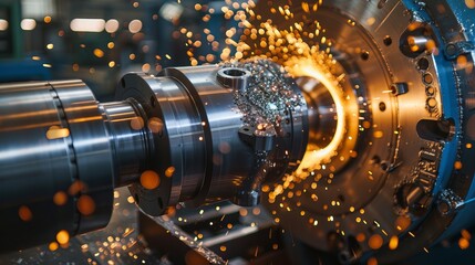 Industry of metalworking: polishing metal, internal steel surface grinding on lathe grinder with sparks flying - obrazy, fototapety, plakaty