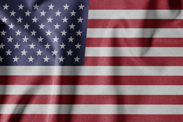Fototapeta premium National Flag on Textured Fabric Background. Silk textured flag, realistic wave and flag look. US Flag of The United States of America