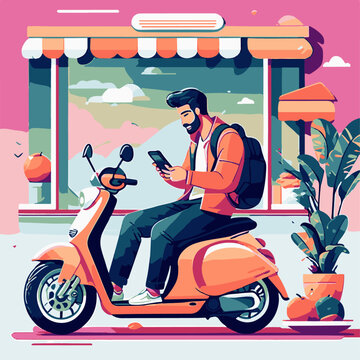 Man riding a scooter and using mobile phone. Vector illustration.