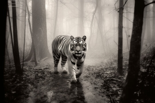 Animals, wildlife concept. Film camera image of tiger walking in forest. Black and white image. Minimalist, grunge with motion blur style