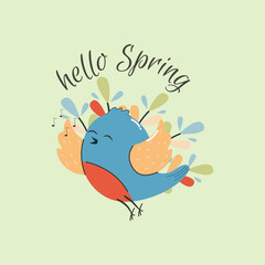 Hello spring. Square postcard, sticker, poster, print, patch. Positive spring vector illustration with a singing bird and beautiful flowers, eps10