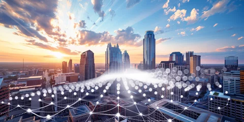 Foto op Plexiglas Modern city landscape showing dots and line representing high-speed internet, cloud data storage, computing, global market, global network - AI Generated © mbruxelle