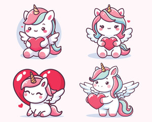 Cute baby unicorn cartoon holding heart, vector illustration