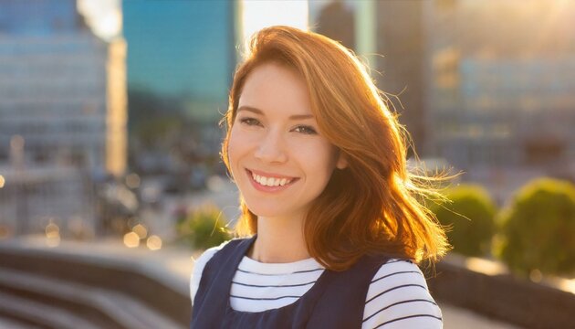 portrait of a beautiful young red-haired woman, her candid laughter radiating joy and a sense of vitality
