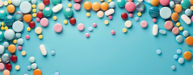Assorted Medication on Aqua Background. An array of colorful pills and capsules scattered on a bright aqua surface, showcasing variety in medication.