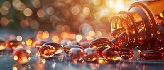 Glowing Omega-3 Fish Oil Capsules Spill. Omega-3 supplements spill from a bottle, glowing with reflected light on a dark surface.