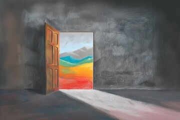 Sad room with a door opening to colorful and happy landscape, concept for hope, remission, optimism - AI Generated