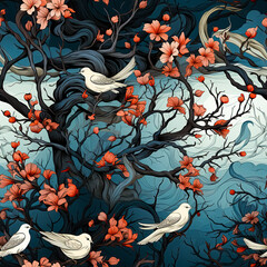 Floral seamless pattern with branches, leaves, flowers and birds on a blue background.