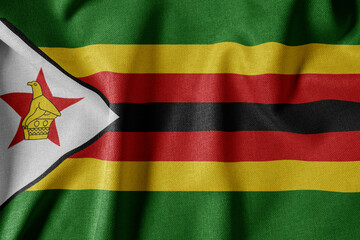 National Flag on Textured Fabric Background. Silk textured flag, realistic wave and flag look. ZW  Flag of Zimbabwe