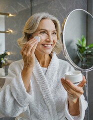 Attractive mid age older adult 50 years old blonde woman wears bathrobe in bathroom applying nourishing antiage face skin care cream treatment - obrazy, fototapety, plakaty