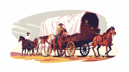 Covered wagon with horses and male riders vector fla - obrazy, fototapety, plakaty