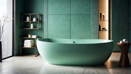 Baño moderno y elegante con bañera independiente de color verde  y decoración con madera - obrazy, fototapety, plakaty