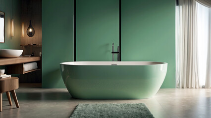 Baño moderno y elegante con bañera independiente de color verde  y decoración con madera - obrazy, fototapety, plakaty