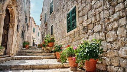 Fototapeta na wymiar narrow street with stone stairs and pots with flowers in dubrovnik croatia