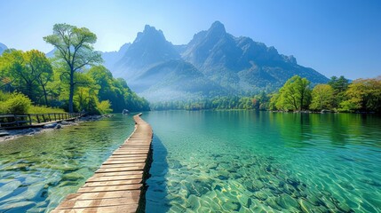 Crystal-clear alpine lake with a narrow pier leading towards majestic mountains on a sunny day