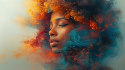 Fototapeta premium Portrait of a Black Woman with Eyes Closed Engulfed in Blue, Red, and Orange Smoke: Women's Mental Health Awareness