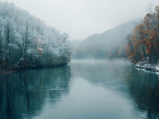 Misty Autumn Lake with Frosted Trees