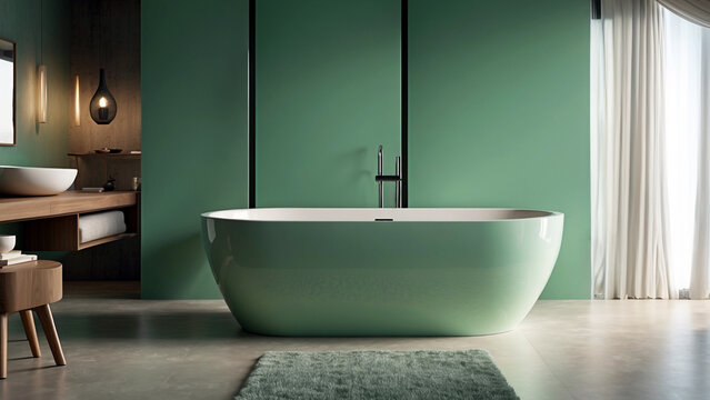 Ba&ntilde;o moderno y elegante con ba&ntilde;era independiente de color verde  y decoraci&oacute;n con madera