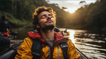 portrait of arelaxed man sitting on a boat in the middle of a wide river, sunset, summer adventure, ecotourism - obrazy, fototapety, plakaty