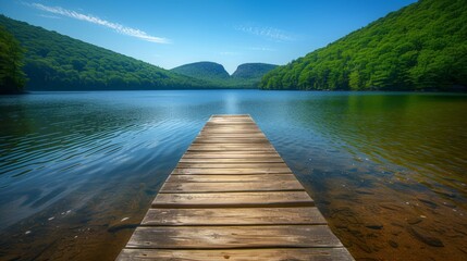 Serene Dock Leading Into a Peaceful Lake Surrounded by Lush Green Hills Under a Clear Blue Sky - obrazy, fototapety, plakaty
