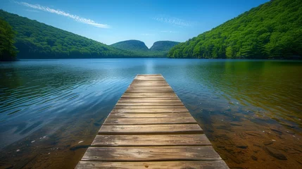 Foto auf Acrylglas Serene Dock Leading Into a Peaceful Lake Surrounded by Lush Green Hills Under a Clear Blue Sky © Ross