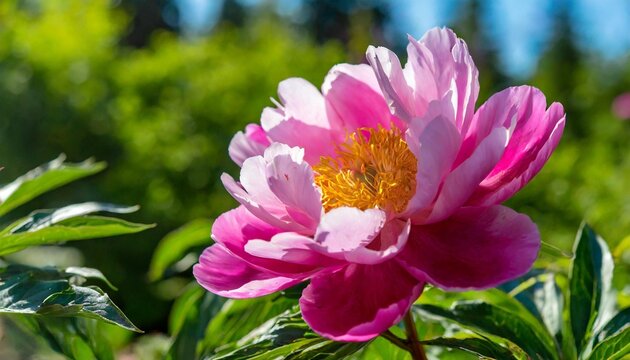 solar summer morning single flower of a peony closeup in the foreground pink petals on them play of light and shadow