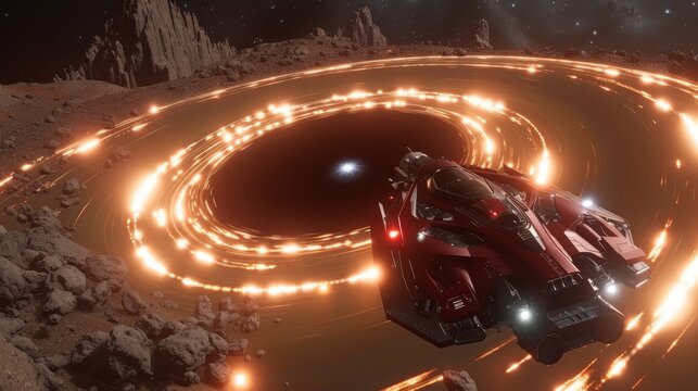 Futuristic spaceship navigating near the event horizon of a black hole, a concept of advanced space exploration