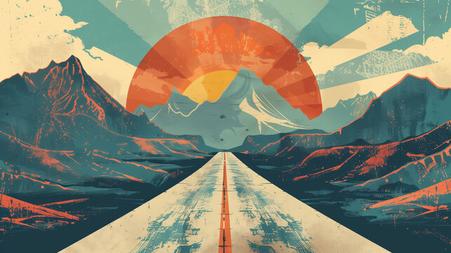 Abstract art background of the road lead to the mountains in retro style 