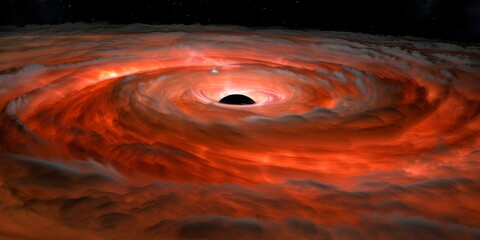 An eerie black hole swallows light at the heart of a swirling red nebula, displaying the mysteries of the universe