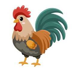 Cute funny rooster, happy little chicken. Сute farm animal isolated on white background. Flat vector illustration.