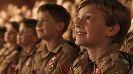 Group of boy scouts in uniform sitting and watching attentively at an event. - obrazy, fototapety, plakaty